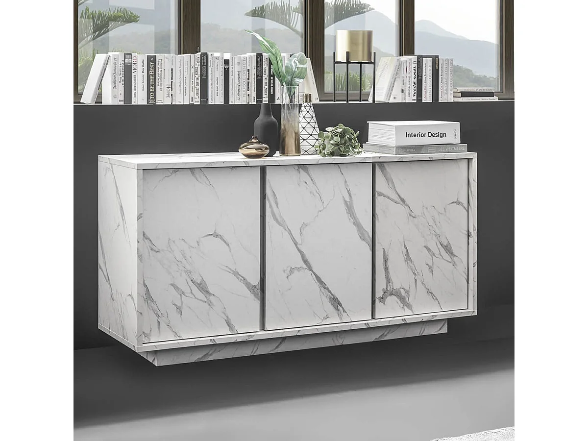 PIRALIA - Buffet 3 Portes Aspect Marbre Blanc