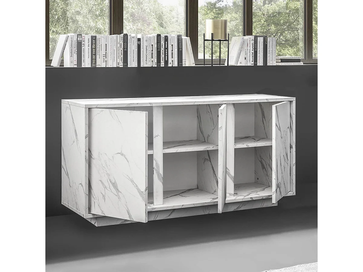 PIRALIA - Buffet 3 Portes Aspect Marbre Blanc