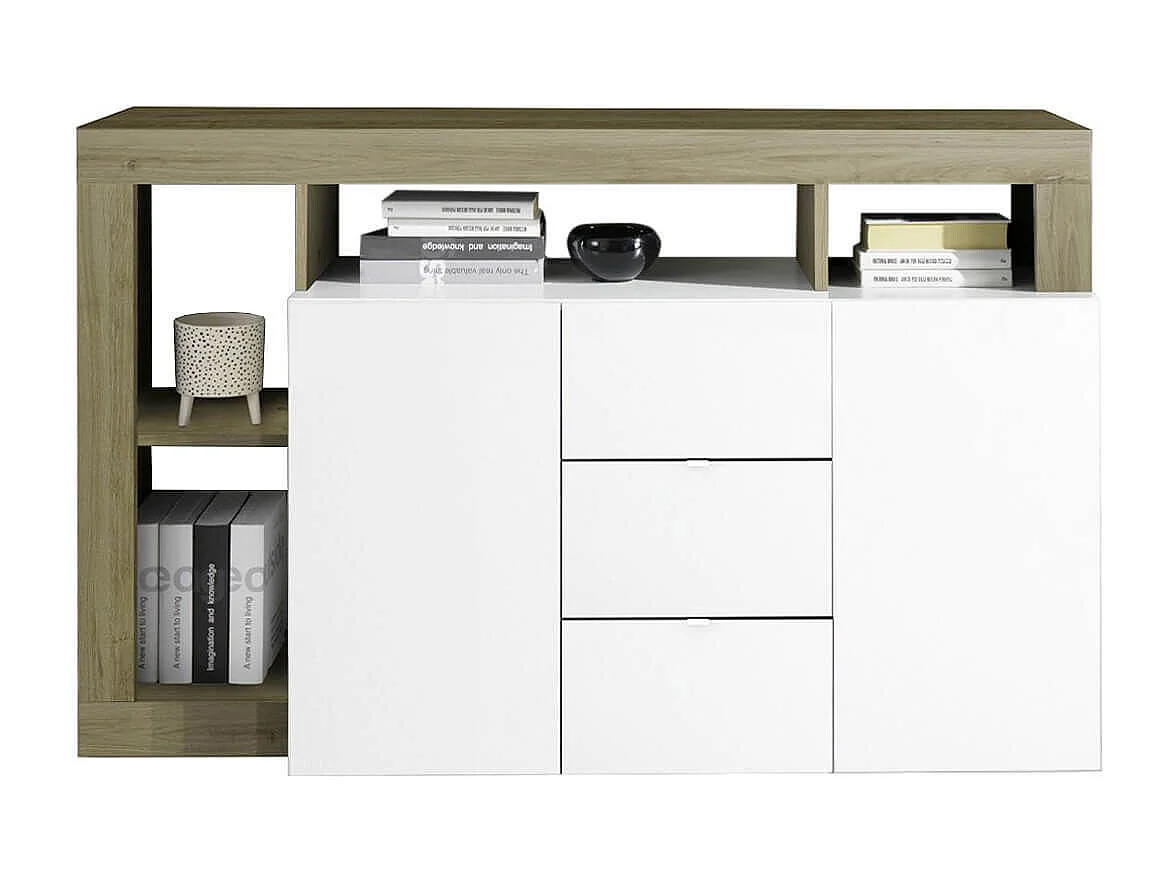 ARTURO - Buffet 2 Portes 3 Tiroirs Blanc Laqué Encadrement Niches Aspect Bois Cadiz