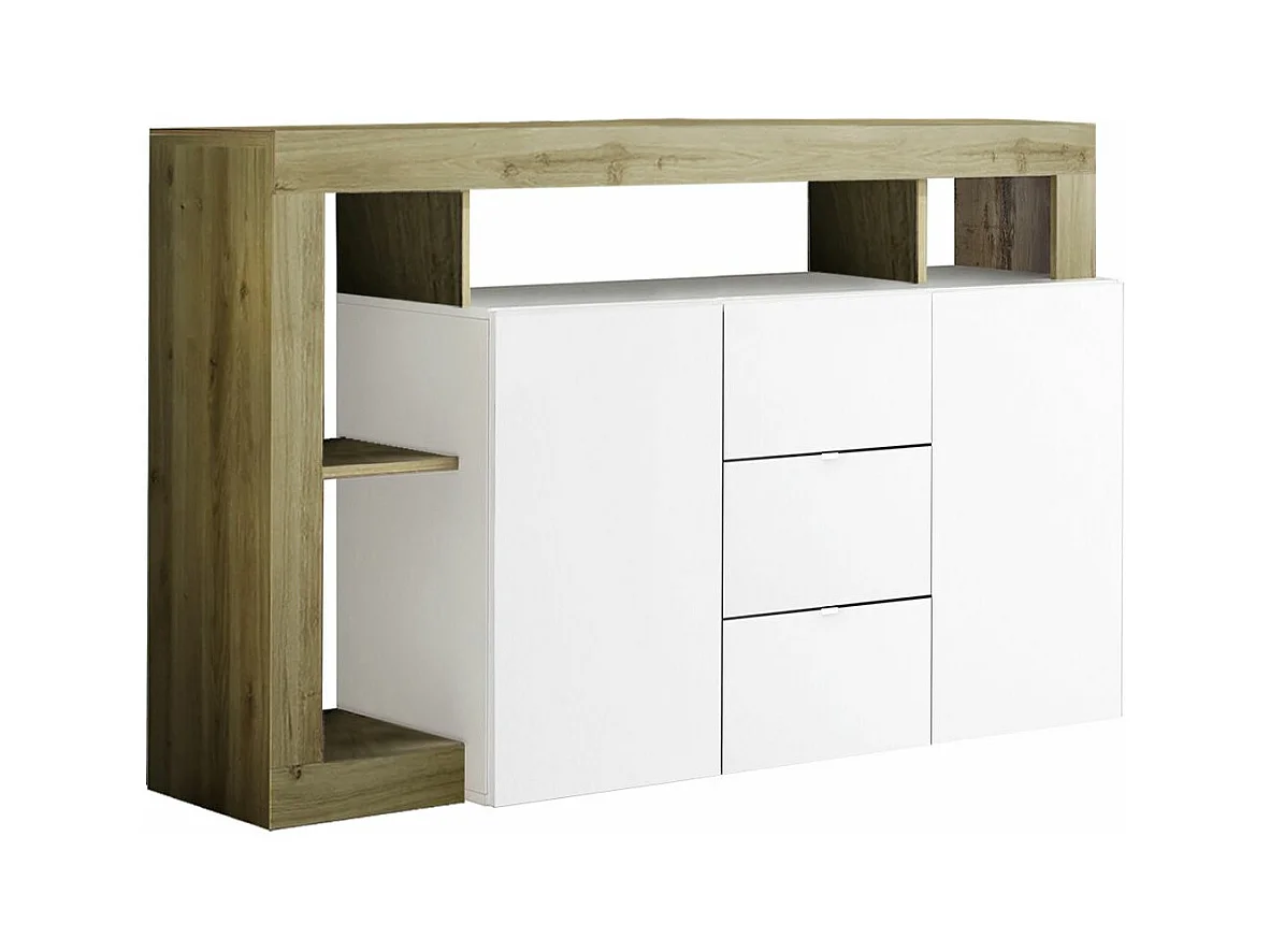 ARTURO - Buffet 2 Portes 3 Tiroirs Blanc Laqué Encadrement Niches Aspect Bois Cadiz