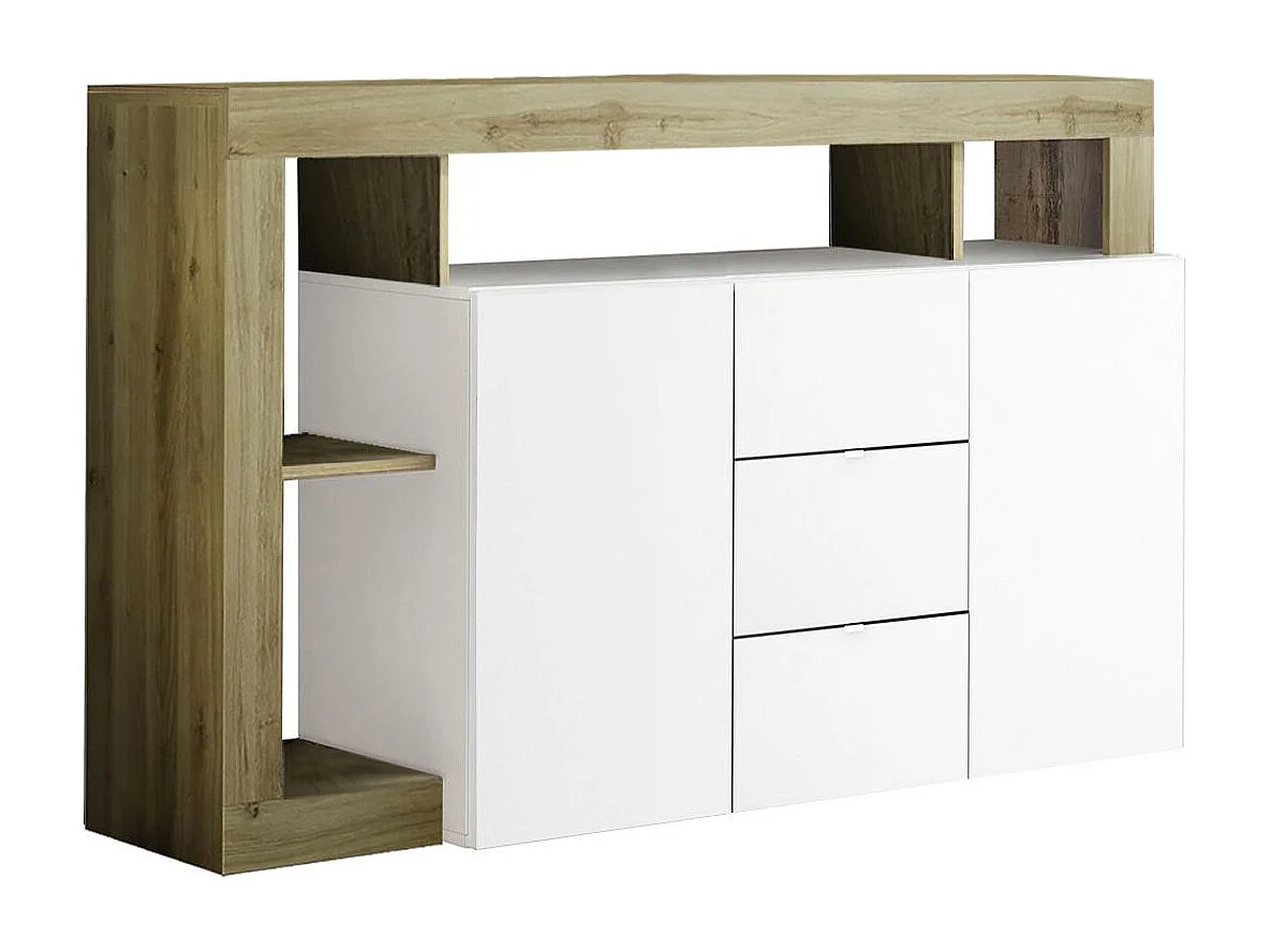 ARTURO - Buffet 2 Portes 3 Tiroirs Blanc Laqué Encadrement Niches Aspect Bois Cadiz