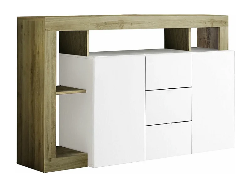 ARTURO - Buffet 2 Portes 3 Tiroirs Blanc Laqué Encadrement Niches Aspect Bois Cadiz