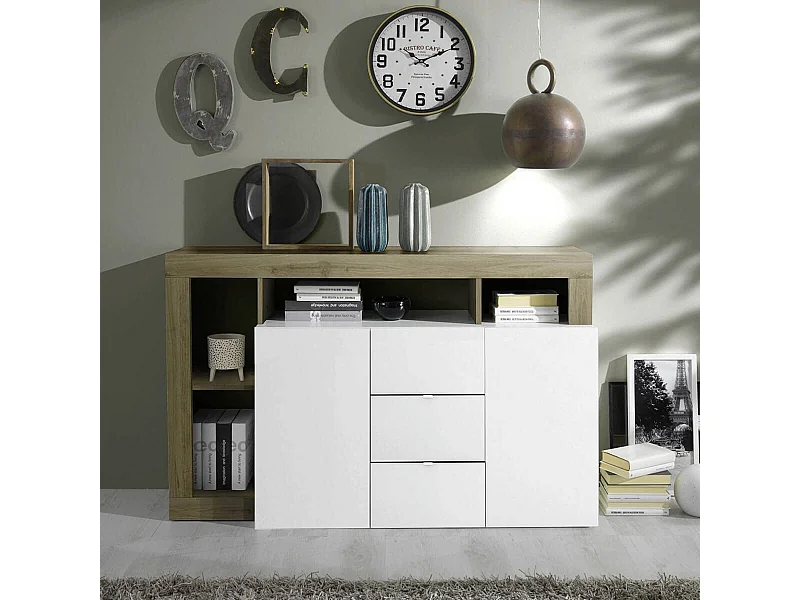 ARTURO - Buffet 2 Portes 3 Tiroirs Blanc Laqué Encadrement Niches Aspect Bois Cadiz