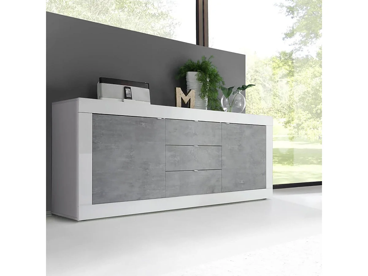 OTELLO - Buffet 2 Portes 3 Tiroirs Finition Blanc Laqué et Aspect Béton