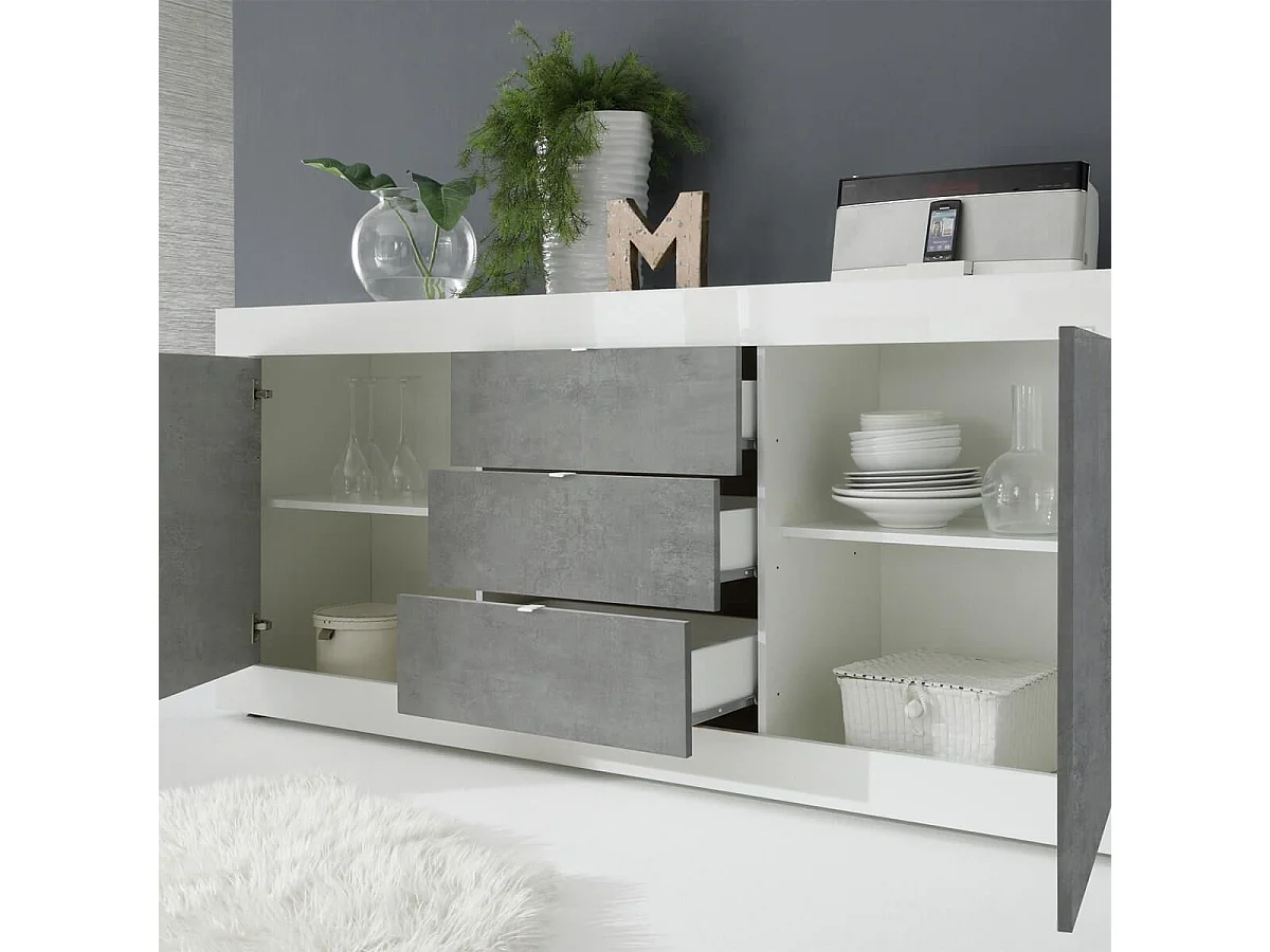 OTELLO - Buffet 2 Portes 3 Tiroirs Finition Blanc Laqué et Aspect Béton