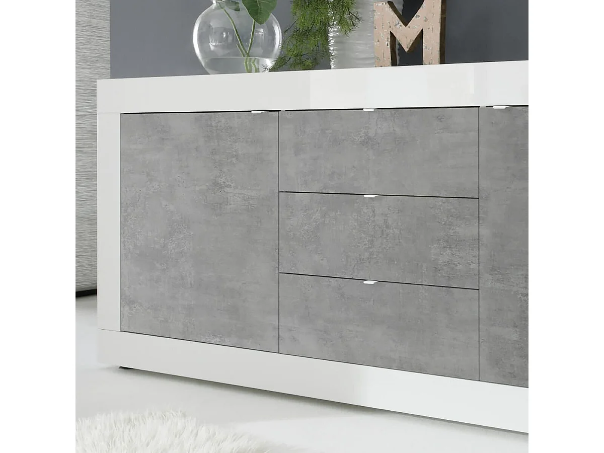 OTELLO - Buffet 2 Portes 3 Tiroirs Finition Blanc Laqué et Aspect Béton