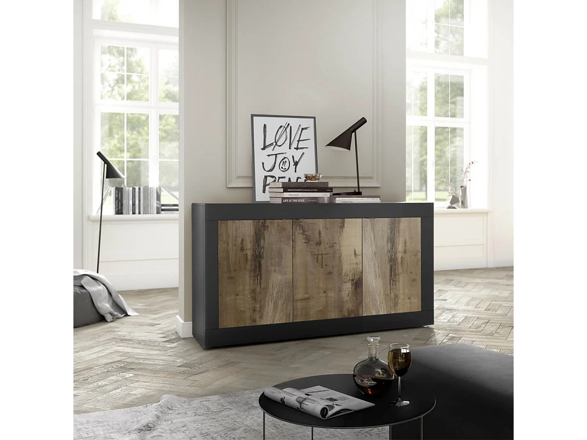 OTELLO - Buffet 3 Portes Finition Noir Mat et Aspect Bois Antik