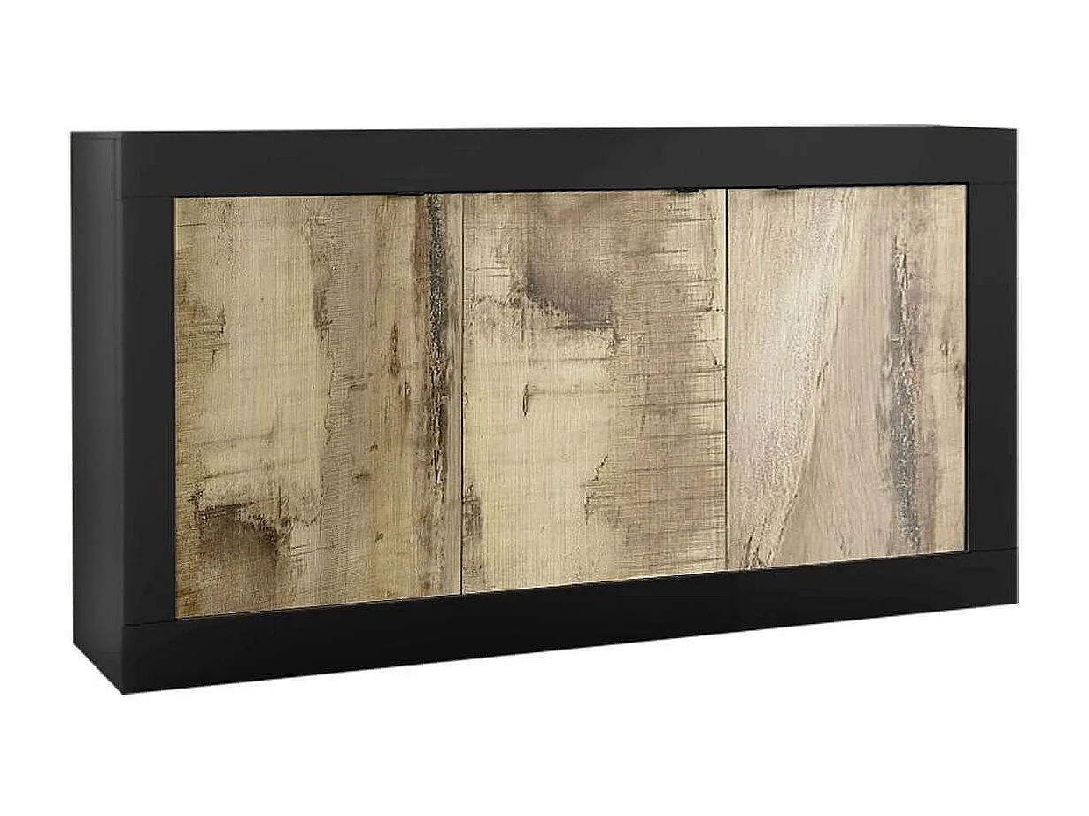OTELLO - Buffet 3 Portes Finition Noir Mat et Aspect Bois Antik