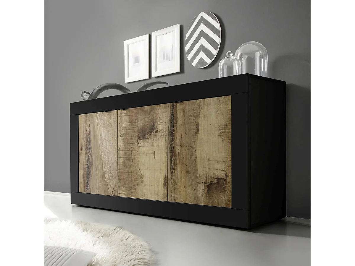 OTELLO - Buffet 3 Portes Finition Noir Mat et Aspect Bois Antik