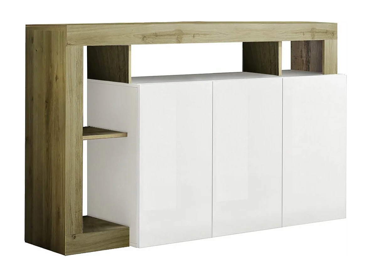 ARTURO - Buffet 3 Portes Blanc Laqué Encadrement Niches Aspect Bois Cadiz