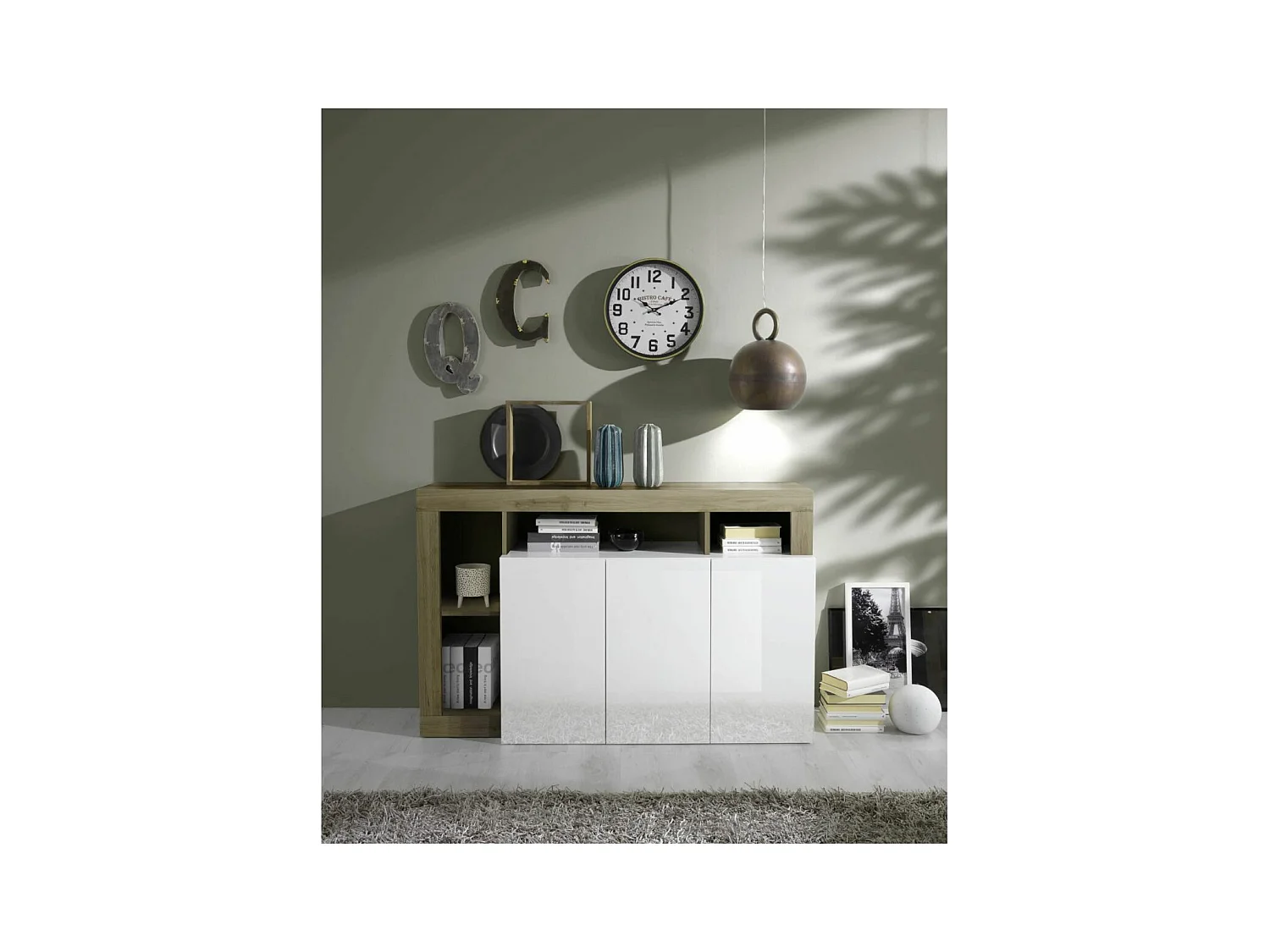 ARTURO - Buffet 3 Portes Blanc Laqué Encadrement Niches Aspect Bois Cadiz