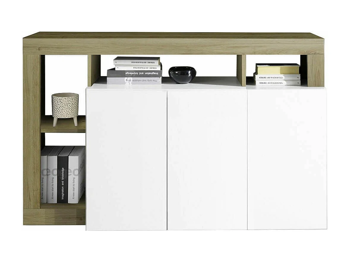 ARTURO - Buffet 3 Portes Blanc Laqué Encadrement Niches Aspect Bois Cadiz