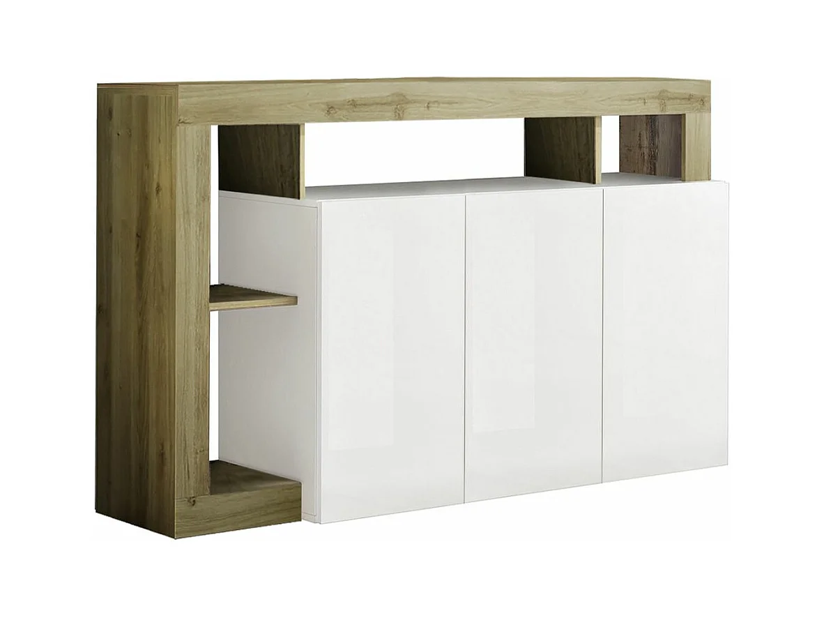 ARTURO - Buffet 3 Portes Blanc Laqué Encadrement Niches Aspect Bois Cadiz
