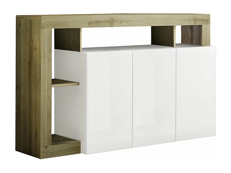 ARTURO - Buffet 3 Portes Blanc Laqué Encadrement Niches Aspect Bois Cadiz