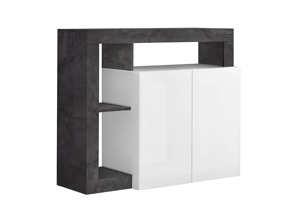 ARTURO - Buffet 2 Portes Blanc Laqué Encadrement Niches Aspect Gris Oxyde