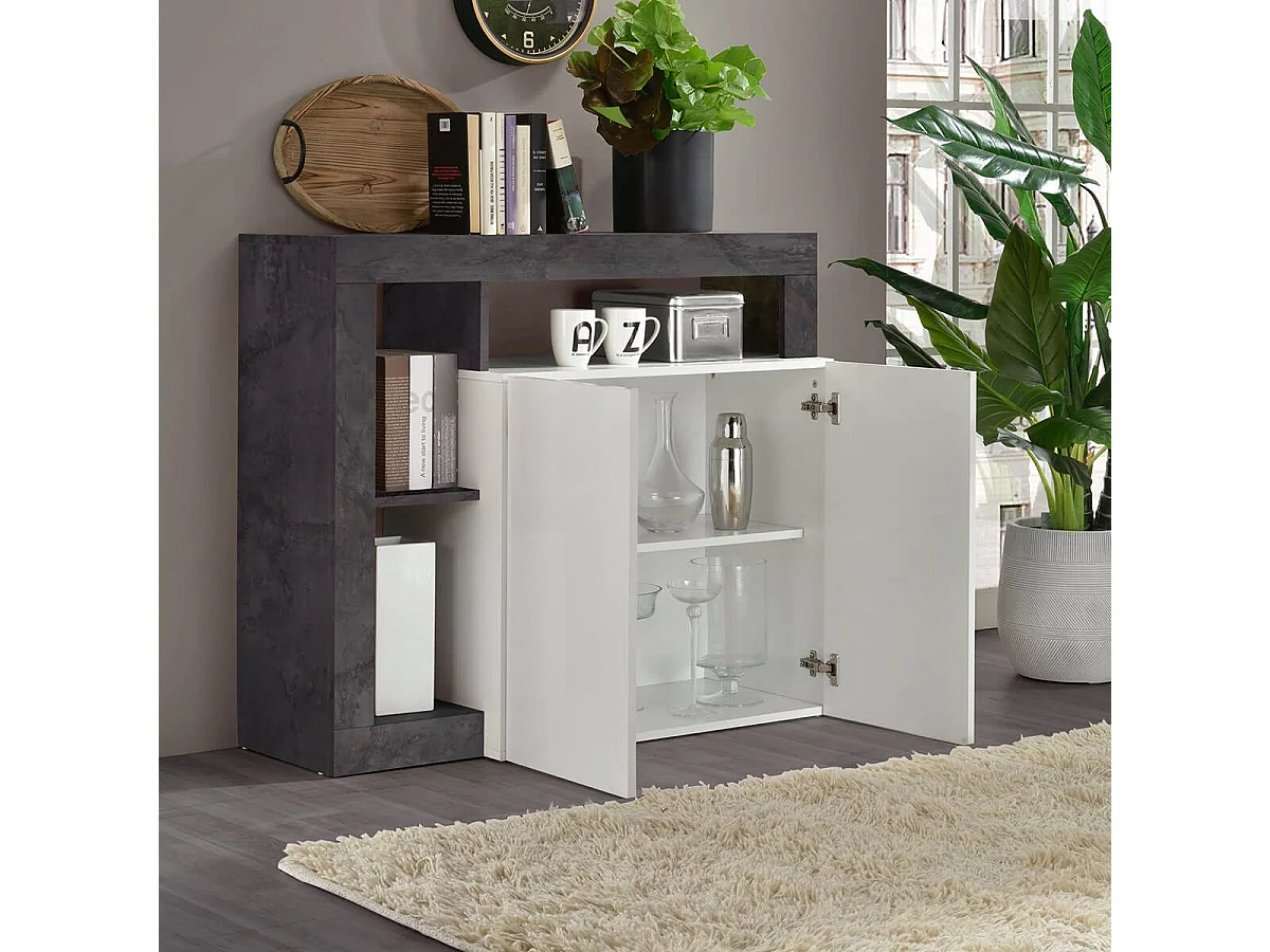 ARTURO - Buffet 2 Portes Blanc Laqué Encadrement Niches Aspect Gris Oxyde