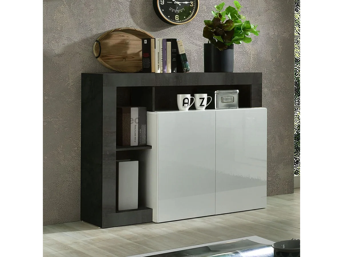 ARTURO - Buffet 2 Portes Blanc Laqué Encadrement Niches Aspect Gris Oxyde