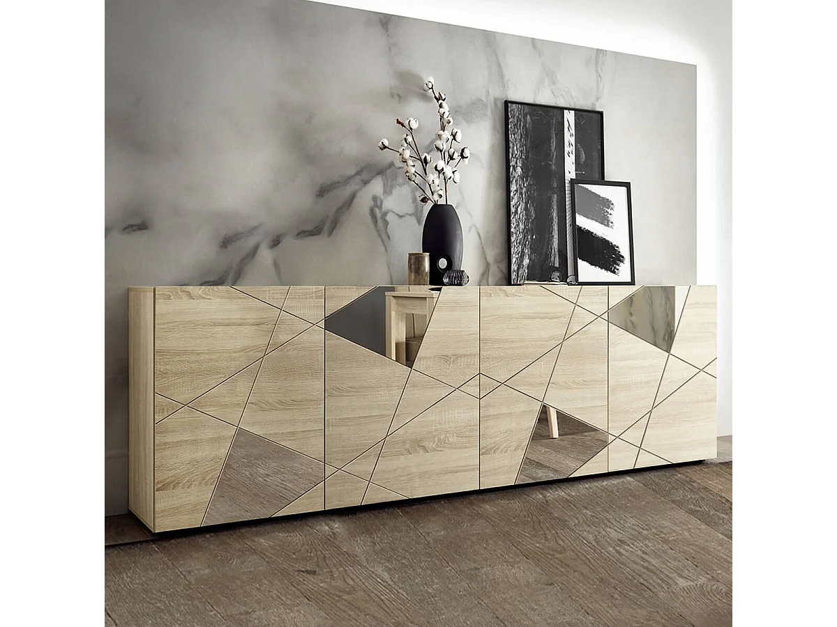 ORIANA - Buffet 4 Portes Finition Bois Samoa avec Sérigraphies et Miroirs