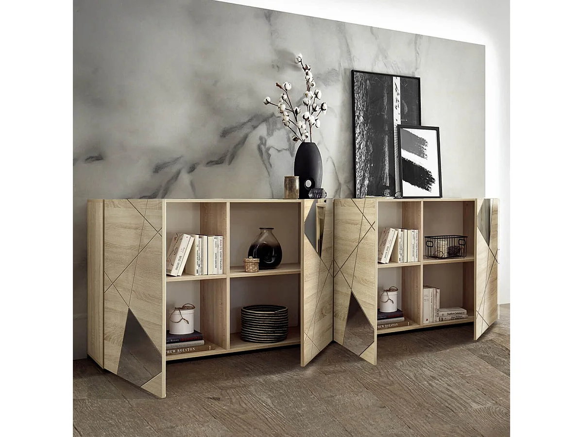 ORIANA - Buffet 4 Portes Finition Bois Samoa avec Sérigraphies et Miroirs