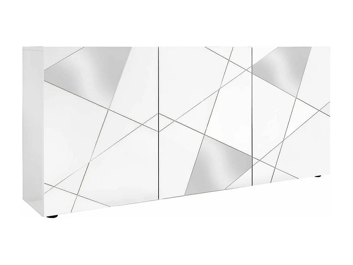 ORIANA - Buffet 3 Portes Finition Blanc Laqué Weiss avec Sérigraphies et Miroirs