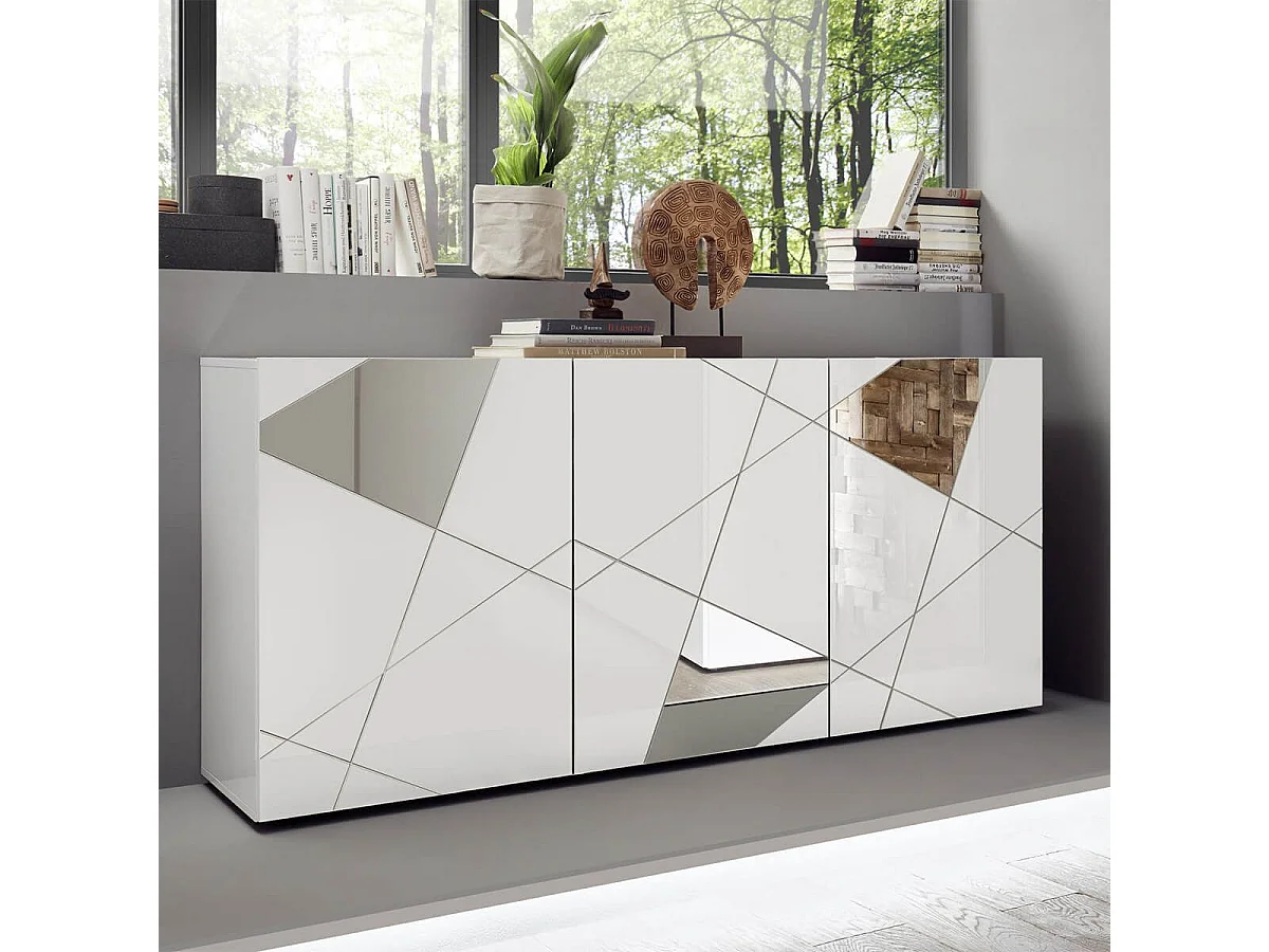 ORIANA - Buffet 3 Portes Finition Blanc Laqué Weiss avec Sérigraphies et Miroirs