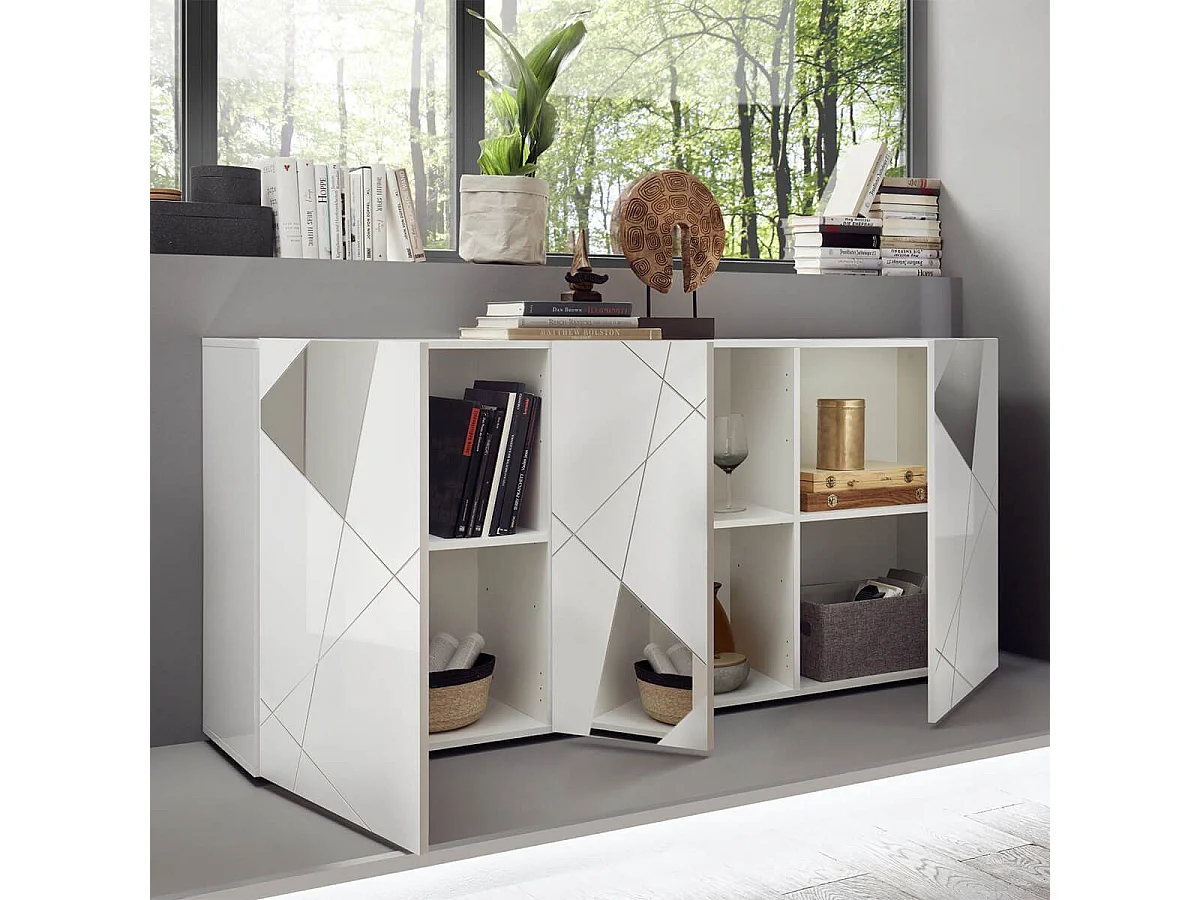 ORIANA - Buffet 3 Portes Finition Blanc Laqué Weiss avec Sérigraphies et Miroirs