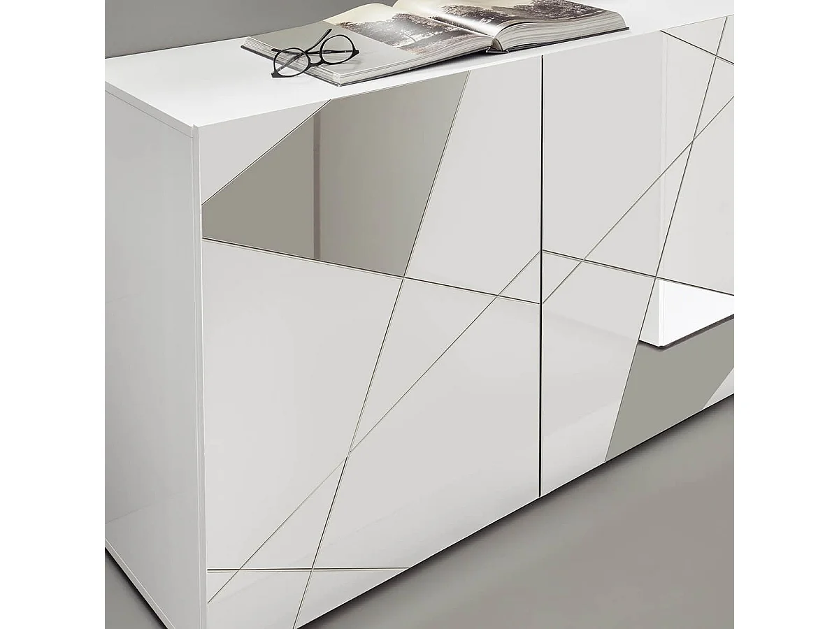 ORIANA - Buffet 3 Portes Finition Blanc Laqué Weiss avec Sérigraphies et Miroirs