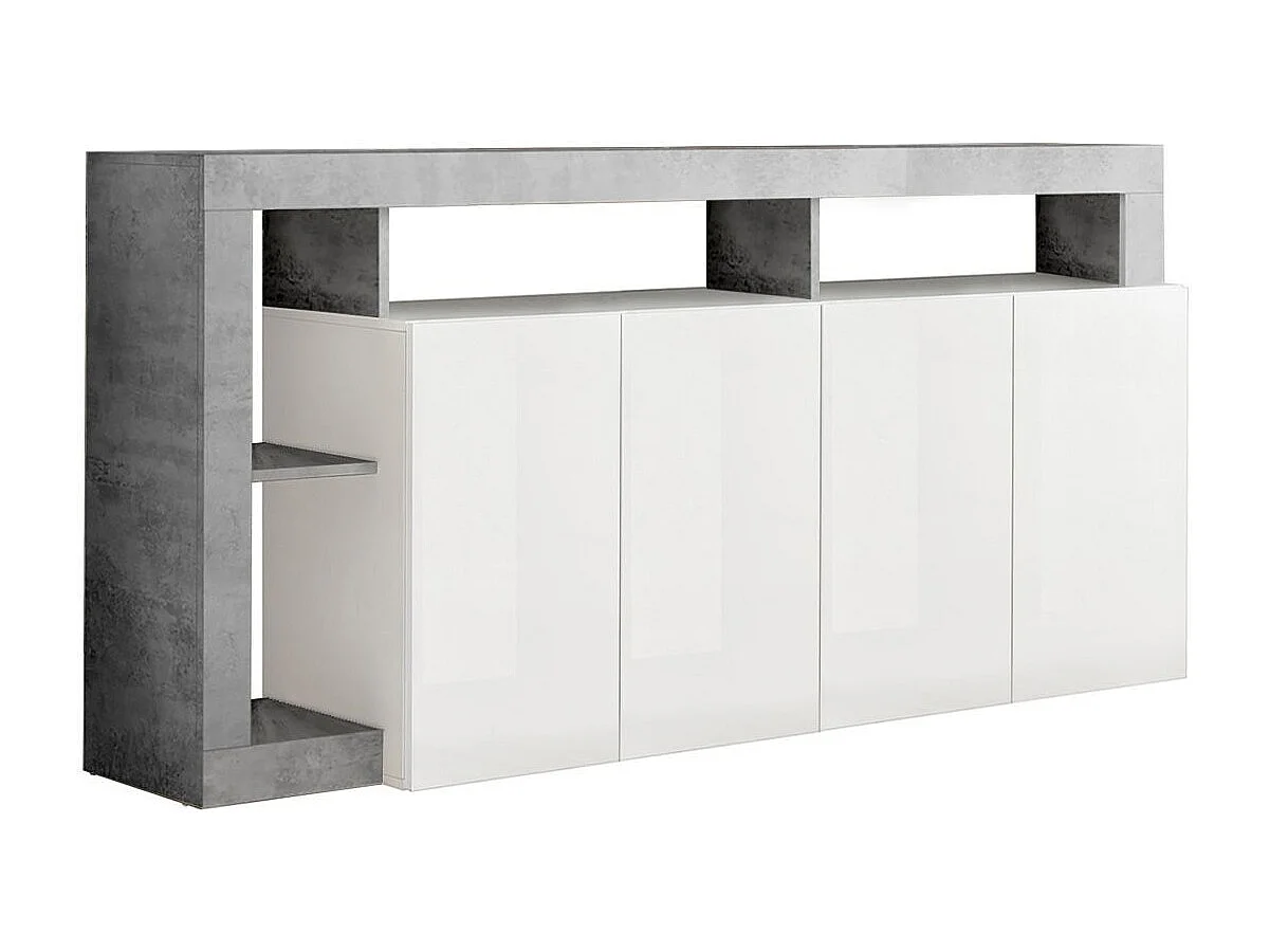 ARTURO - Buffet 4 Portes Blanc Laqué Encadrement Niches Aspect Cimento