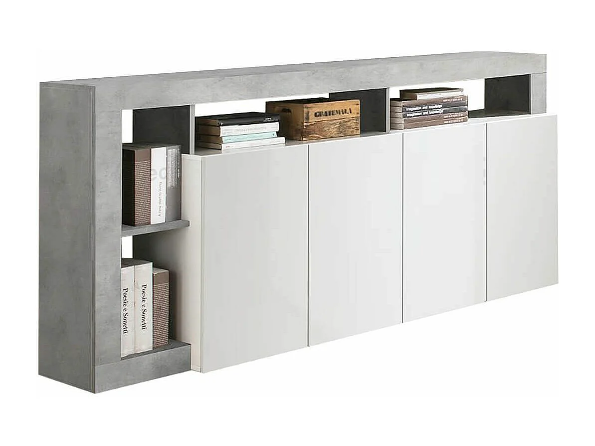 ARTURO - Buffet 4 Portes Blanc Laqué Encadrement Niches Aspect Cimento