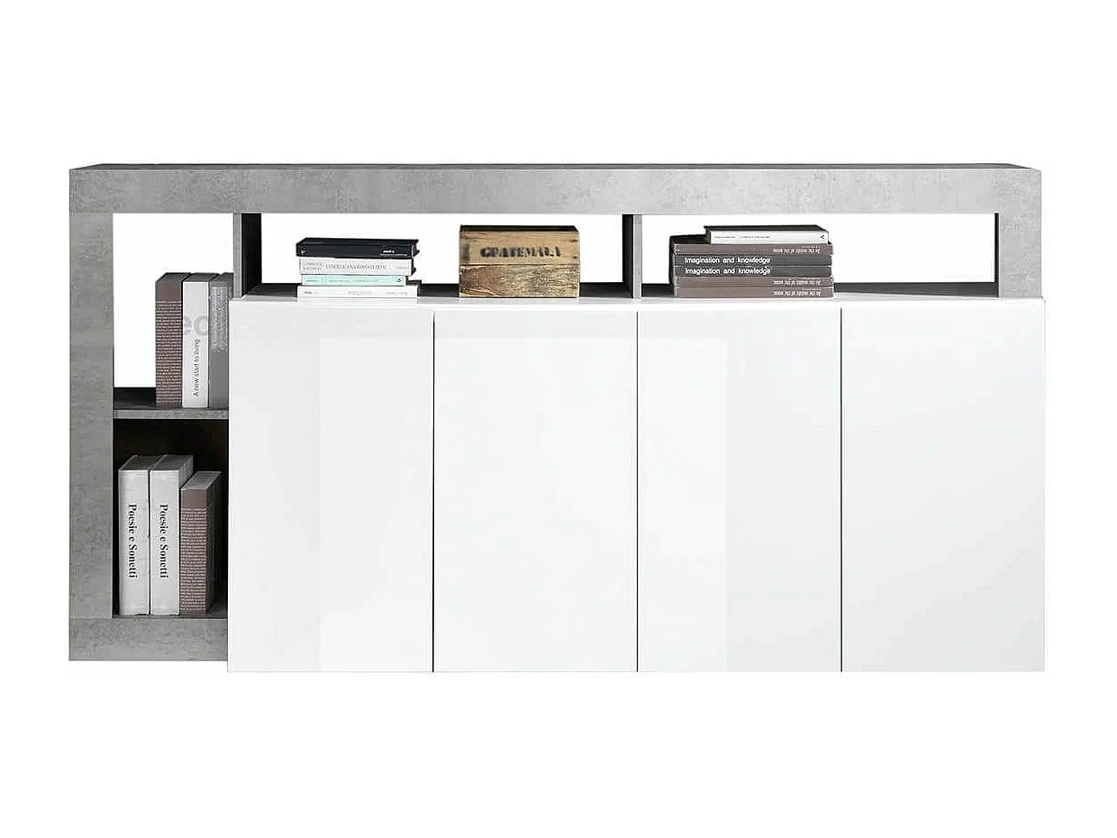 ARTURO - Buffet 4 Portes Blanc Laqué Encadrement Niches Aspect Cimento
