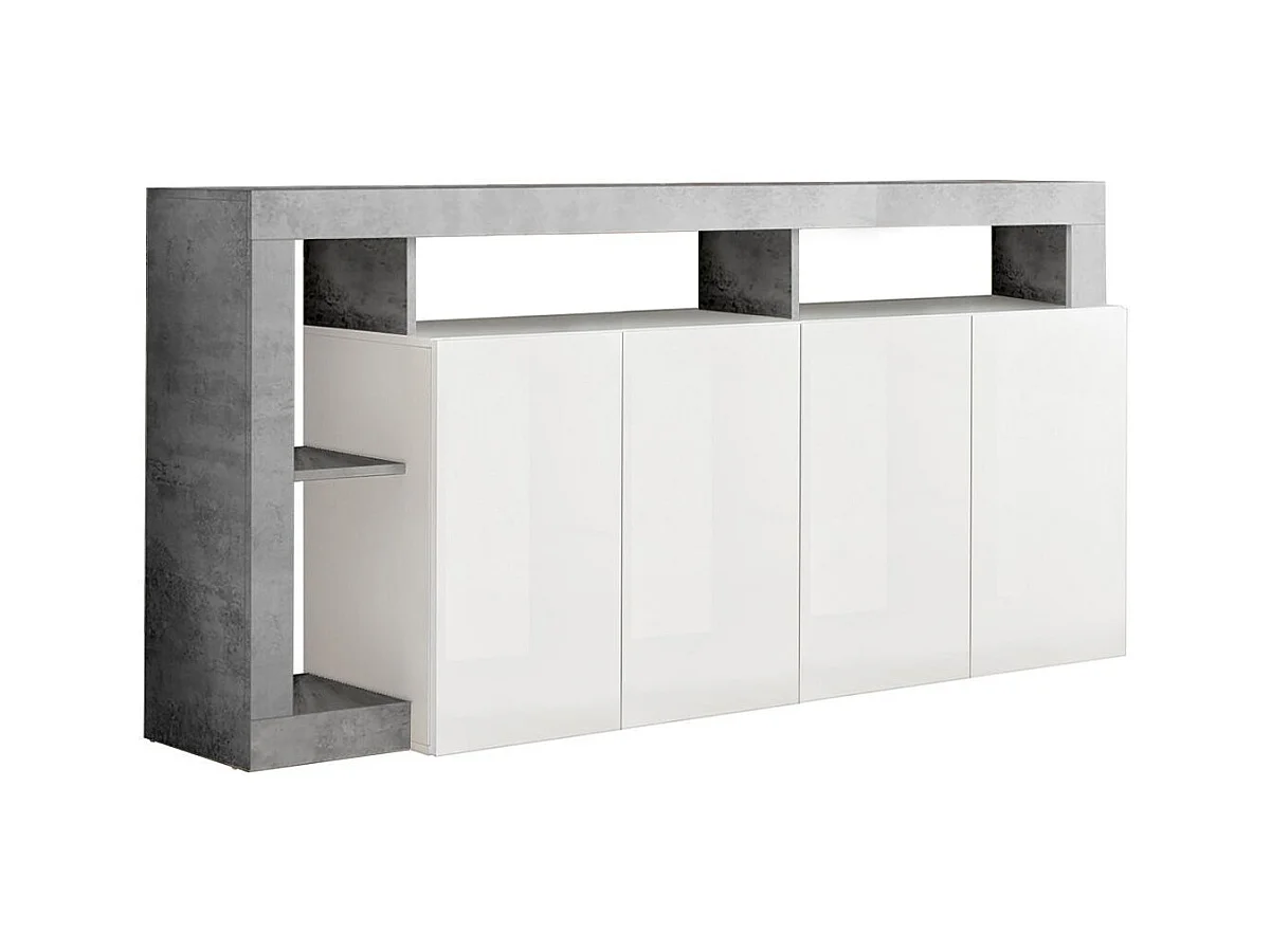 ARTURO - Buffet 4 Portes Blanc Laqué Encadrement Niches Aspect Cimento