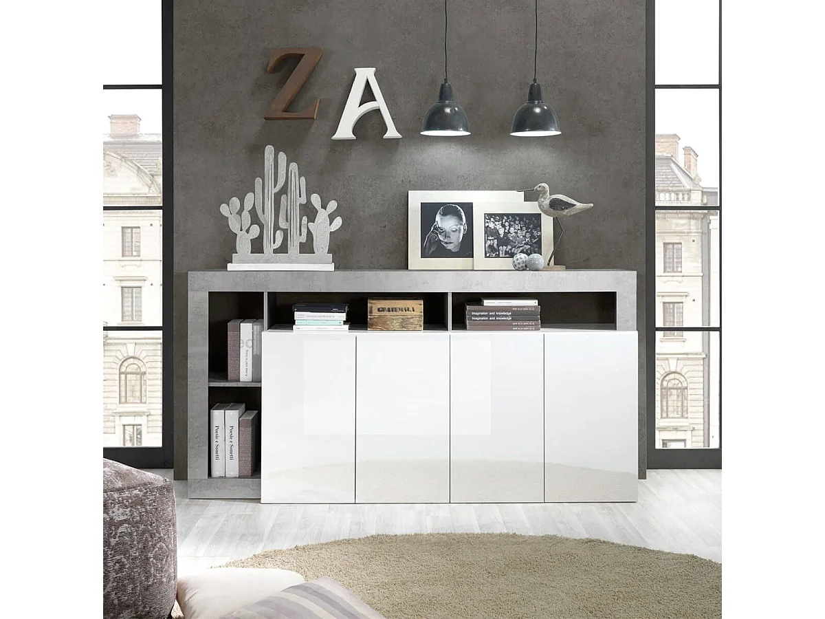 ARTURO - Buffet 4 Portes Blanc Laqué Encadrement Niches Aspect Cimento
