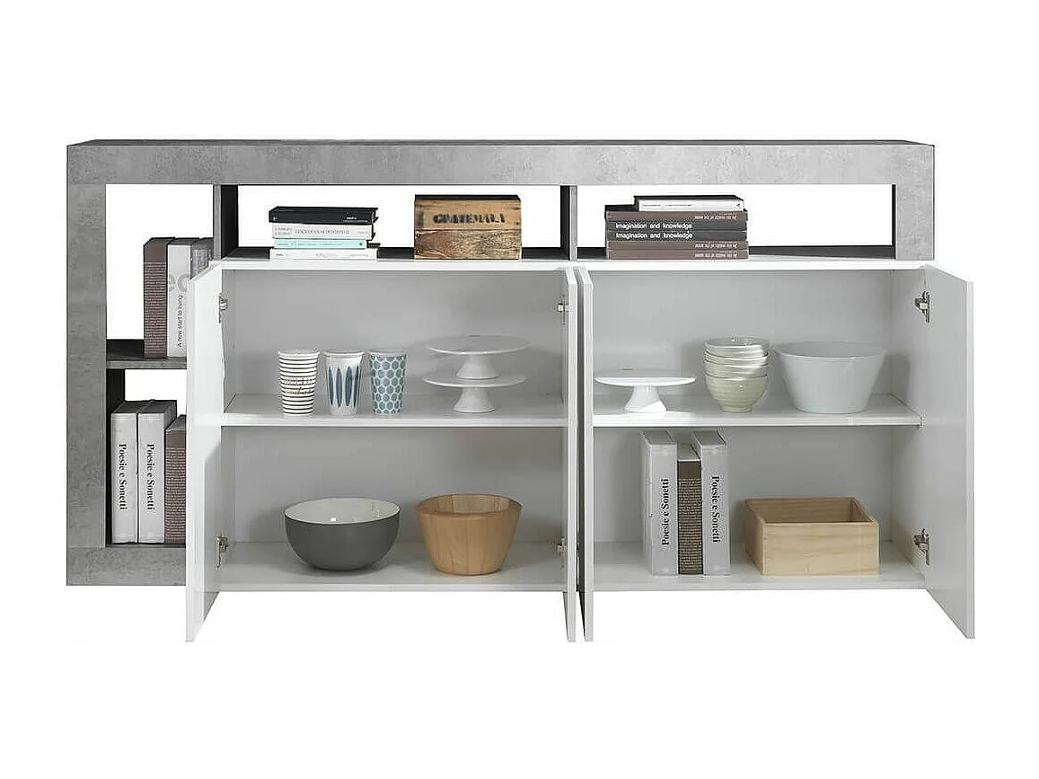 ARTURO - Buffet 4 Portes Blanc Laqué Encadrement Niches Aspect Cimento