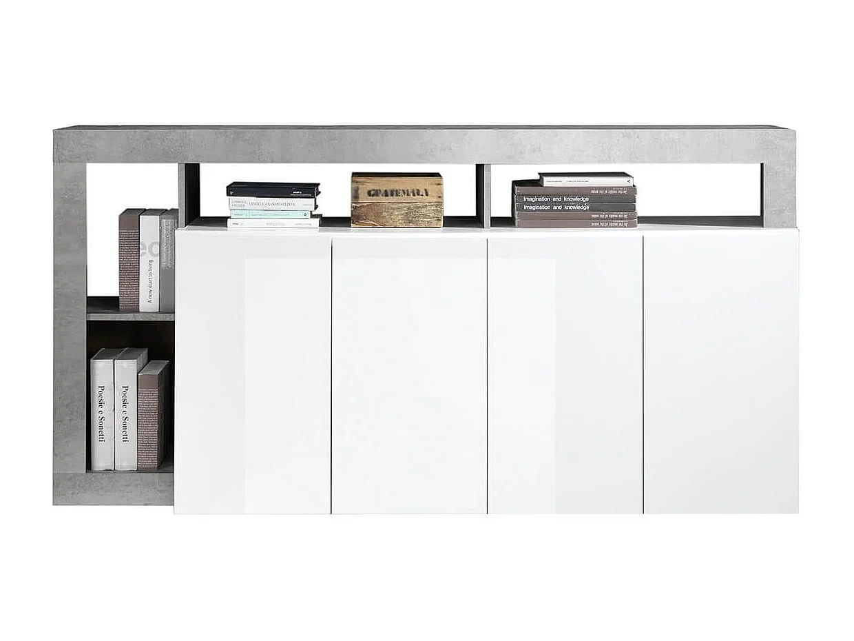 ARTURO - Buffet 4 Portes Blanc Laqué Encadrement Niches Aspect Cimento