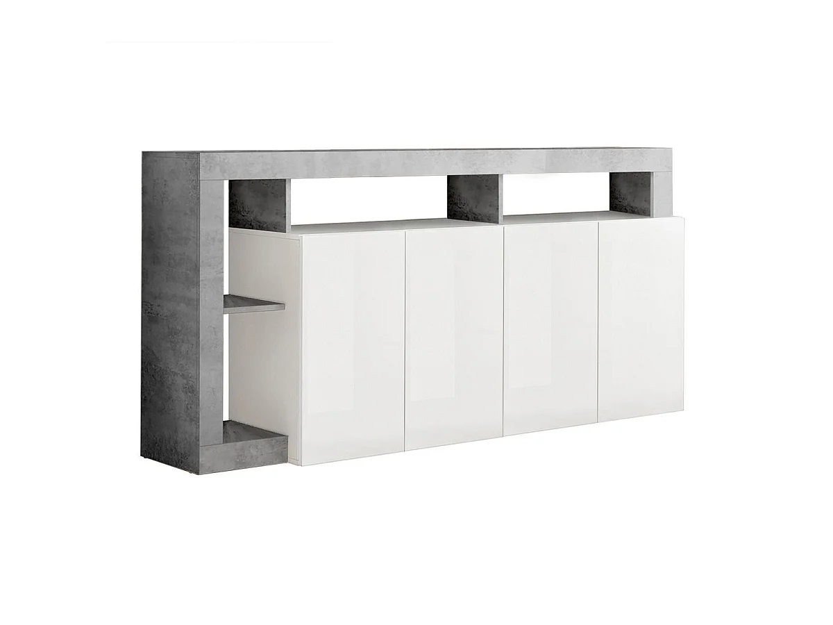 ARTURO - Buffet 4 Portes Blanc Laqué Encadrement Niches Aspect Cimento