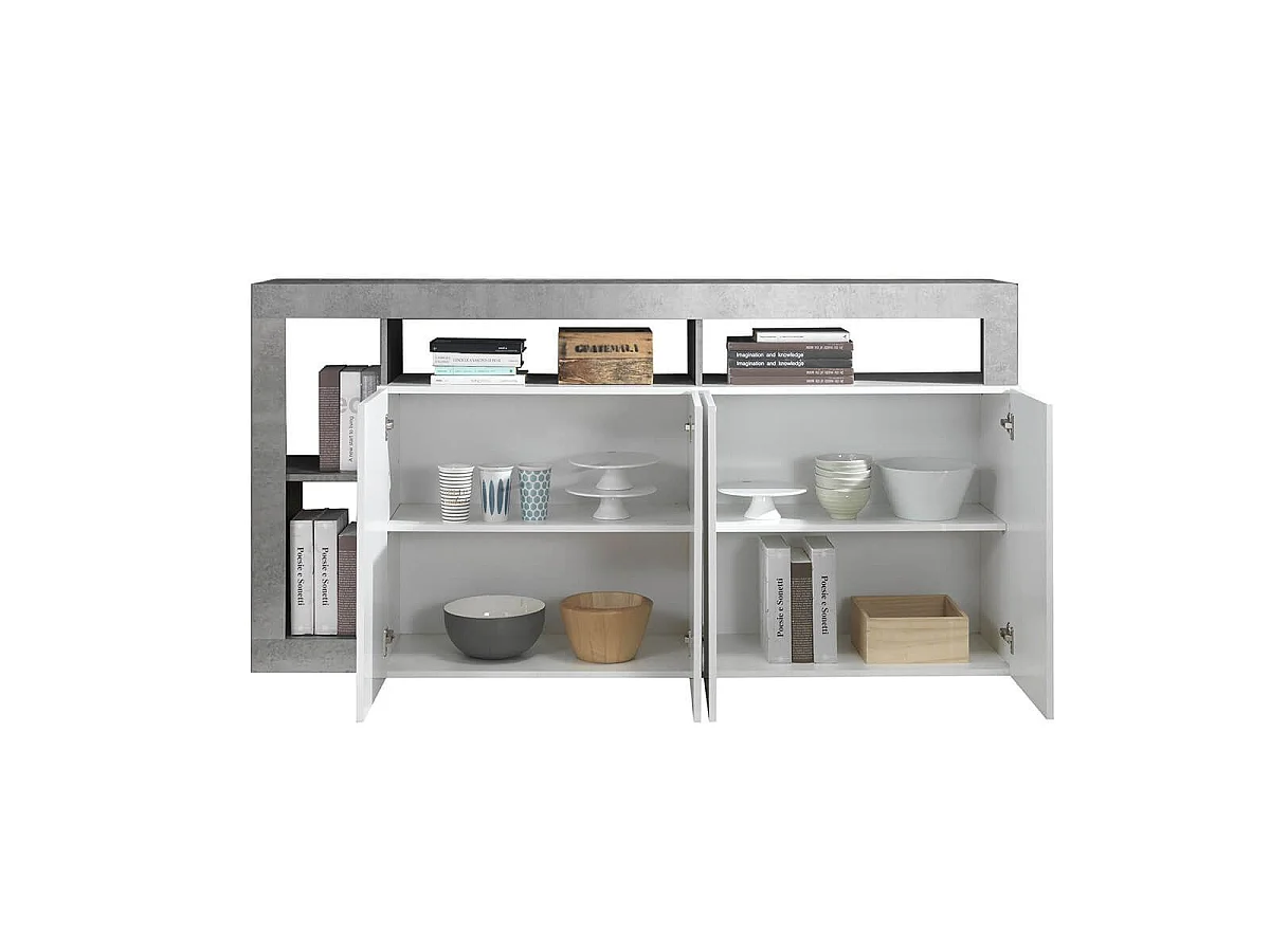 ARTURO - Buffet 4 Portes Blanc Laqué Encadrement Niches Aspect Cimento