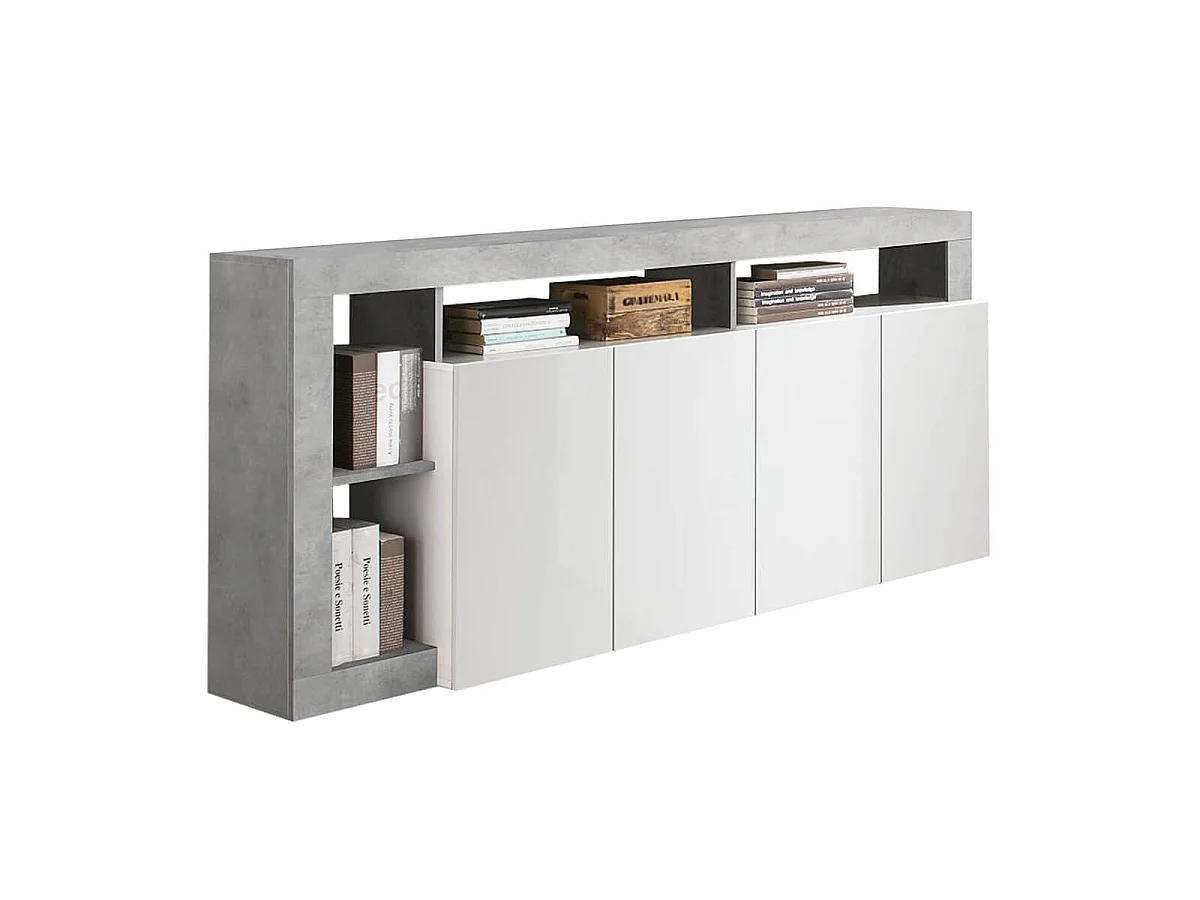 ARTURO - Buffet 4 Portes Blanc Laqué Encadrement Niches Aspect Cimento