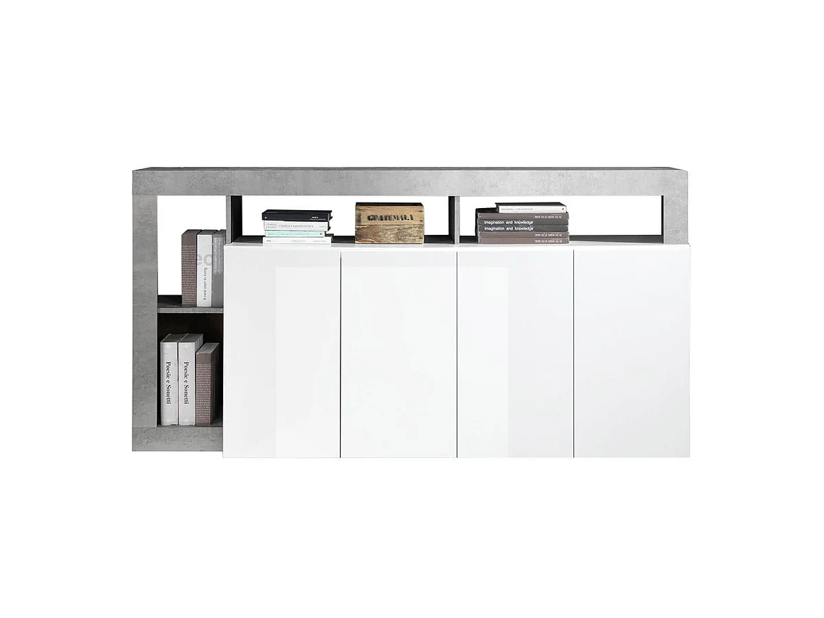 ARTURO - Buffet 4 Portes Blanc Laqué Encadrement Niches Aspect Cimento