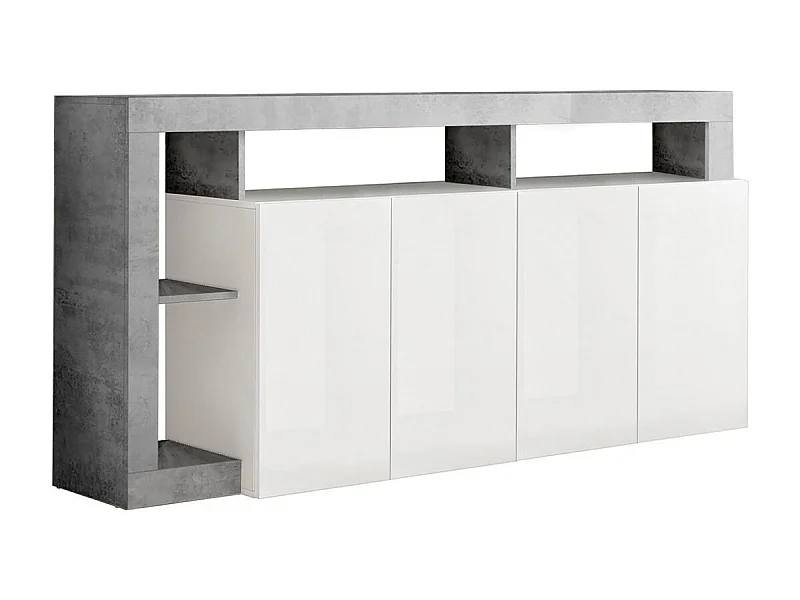 ARTURO - Buffet 4 Portes Blanc Laqué Encadrement Niches Aspect Cimento