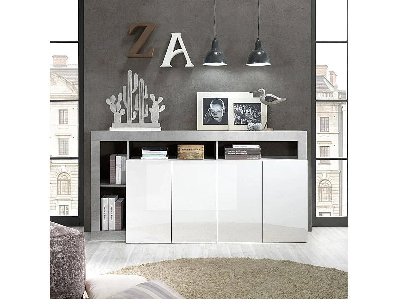 ARTURO - Buffet 4 Portes Blanc Laqué Encadrement Niches Aspect Cimento