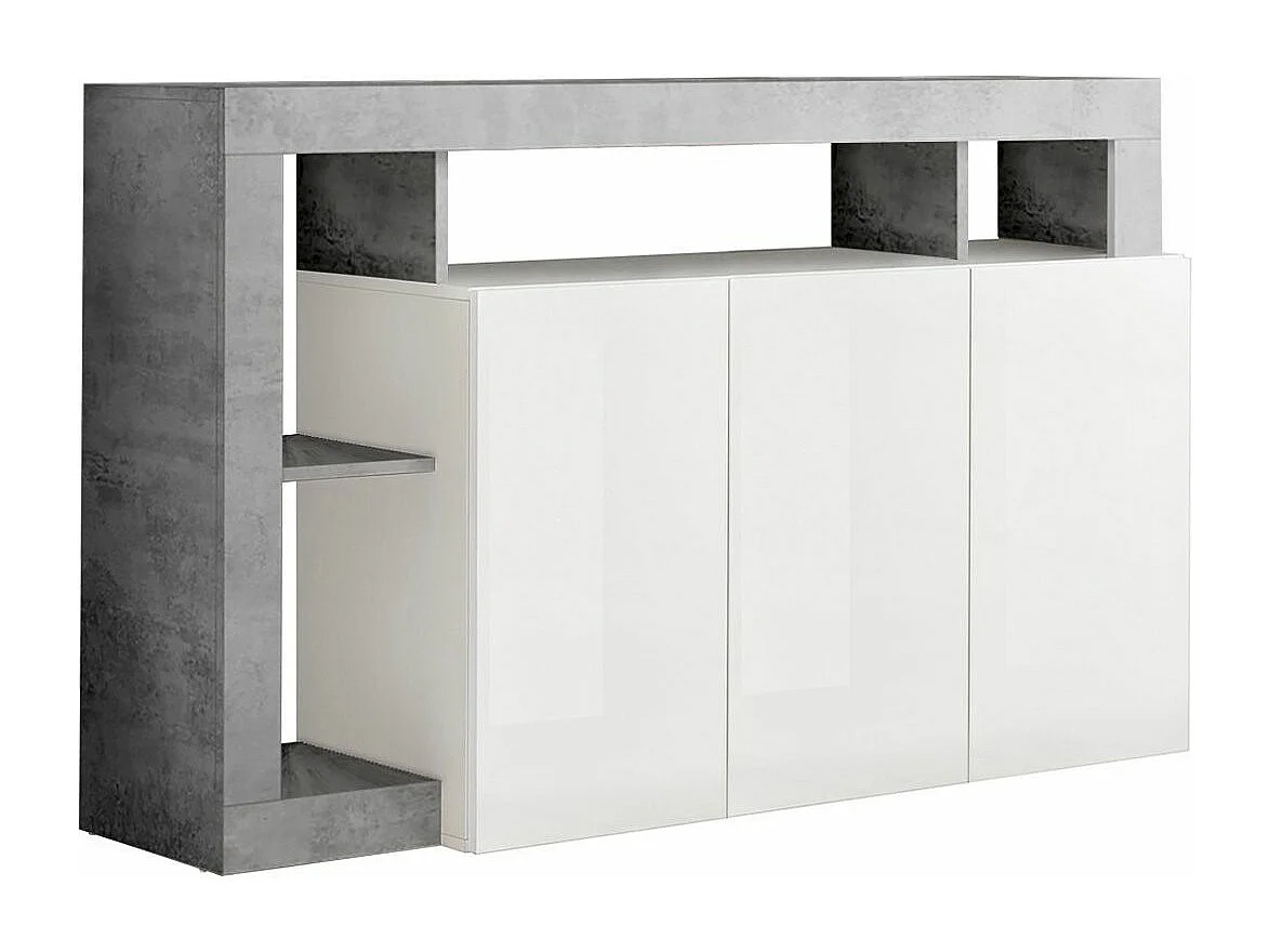 ARTURO - Buffet 3 Portes Blanc Laqué Encadrement Niches Finition Aspect Cimento