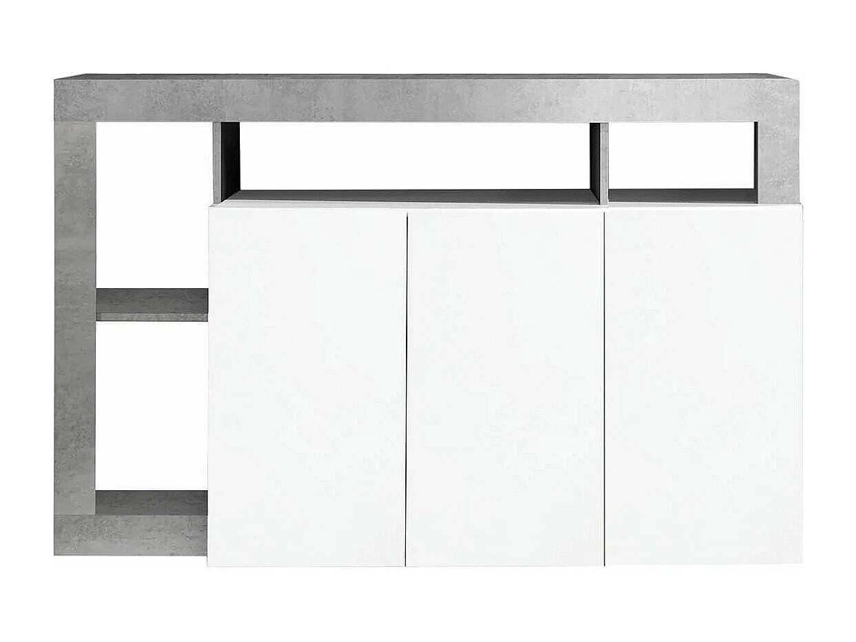 ARTURO - Buffet 3 Portes Blanc Laqué Encadrement Niches Finition Aspect Cimento