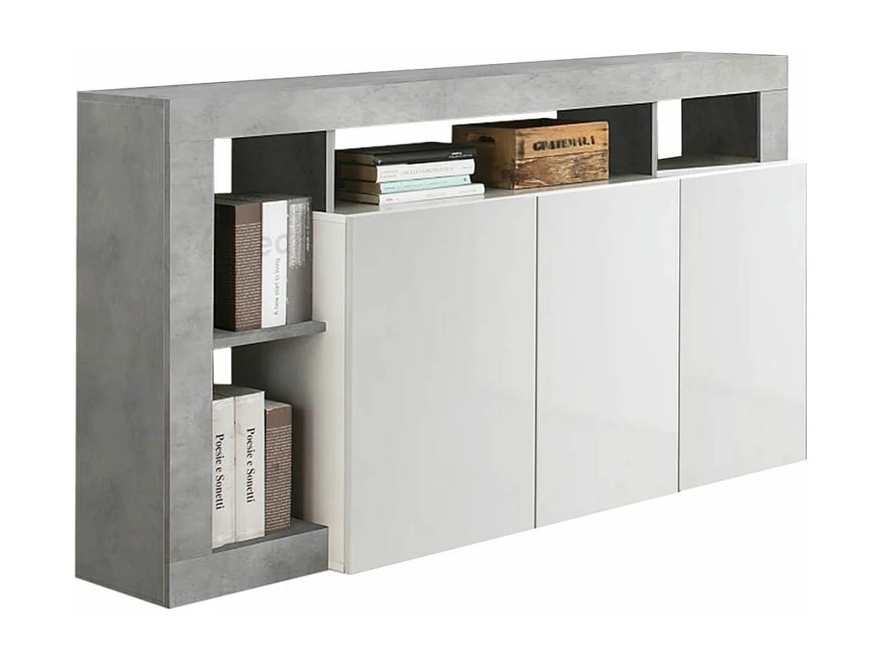 ARTURO - Buffet 3 Portes Blanc Laqué Encadrement Niches Finition Aspect Cimento