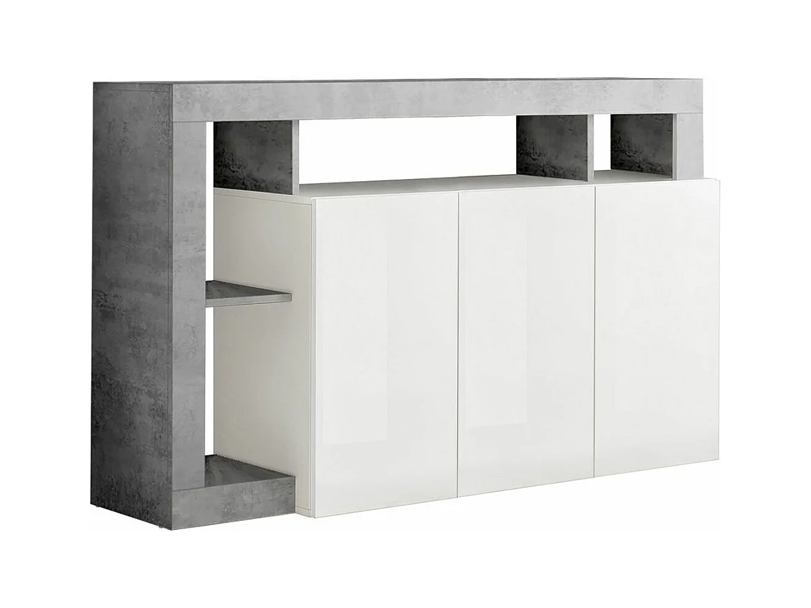 ARTURO - Buffet 3 Portes Blanc Laqué Encadrement Niches Finition Aspect Cimento