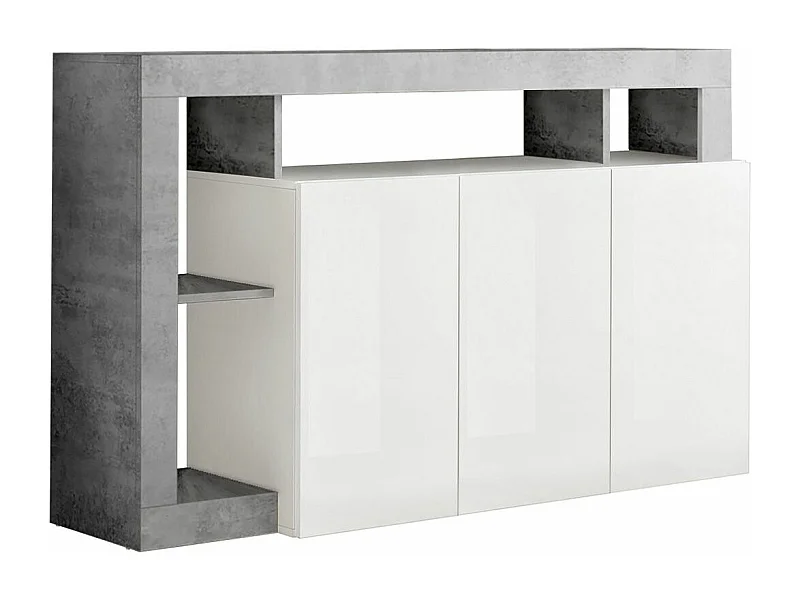 ARTURO - Buffet 3 Portes Blanc Laqué Encadrement Niches Finition Aspect Cimento