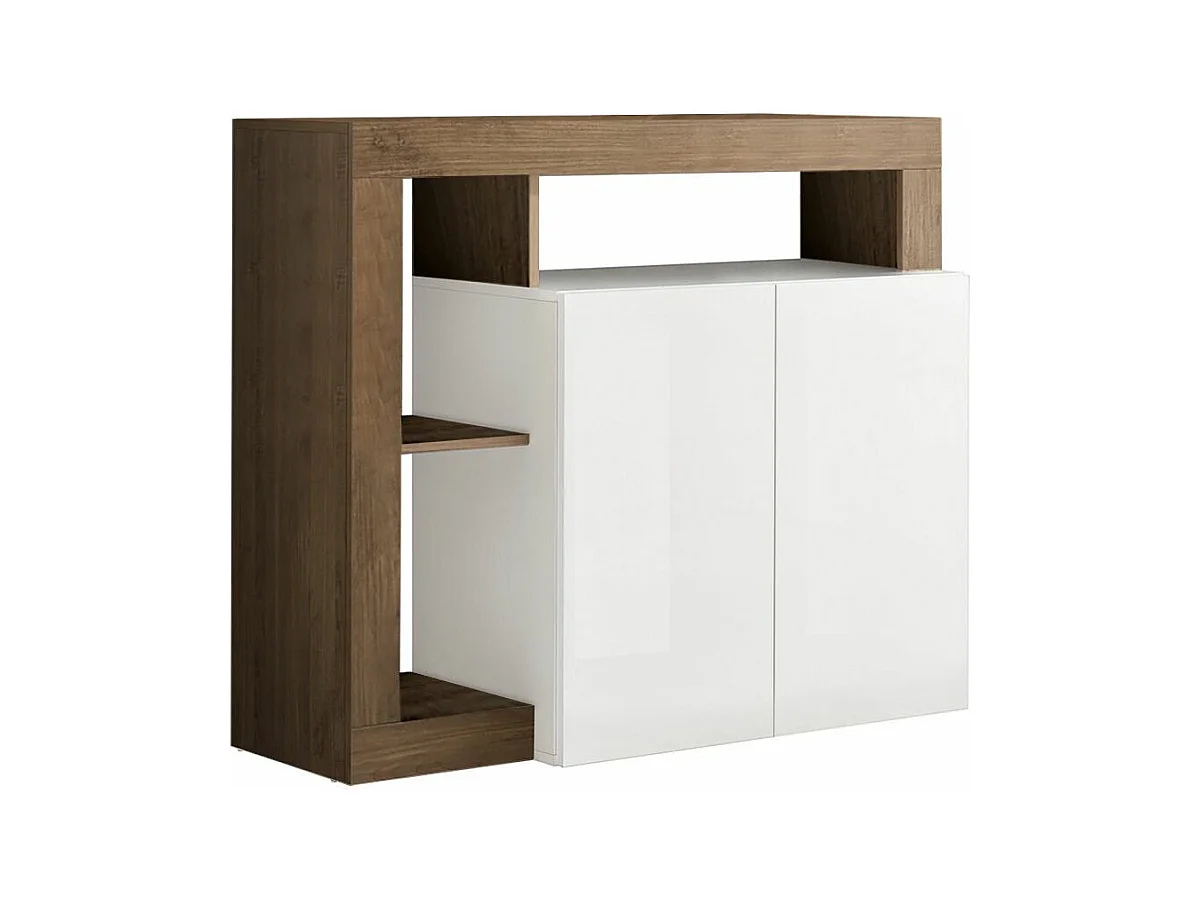 ARTURO - Buffet 2 Portes Blanc Laqué Encadrement Niches Aspect Chêne Mercure