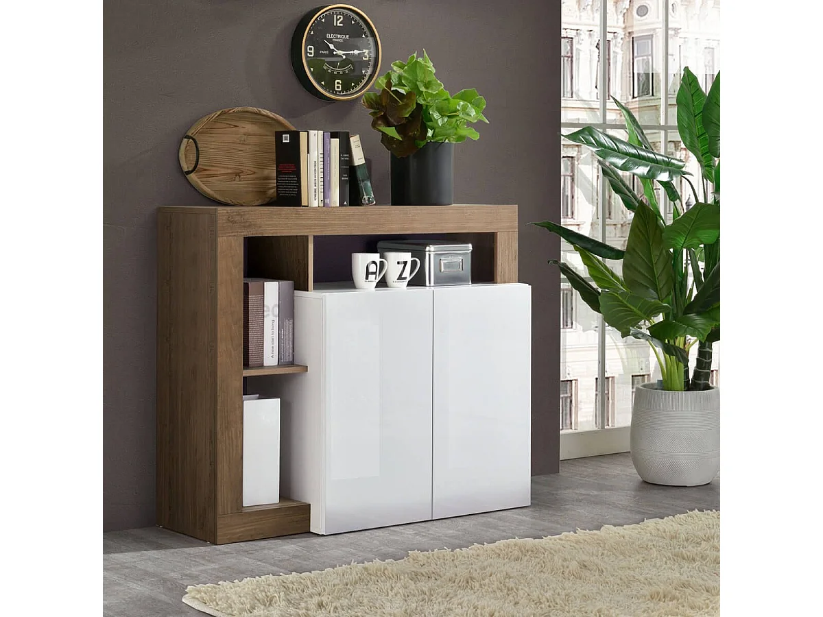 ARTURO - Buffet 2 Portes Blanc Laqué Encadrement Niches Aspect Chêne Mercure