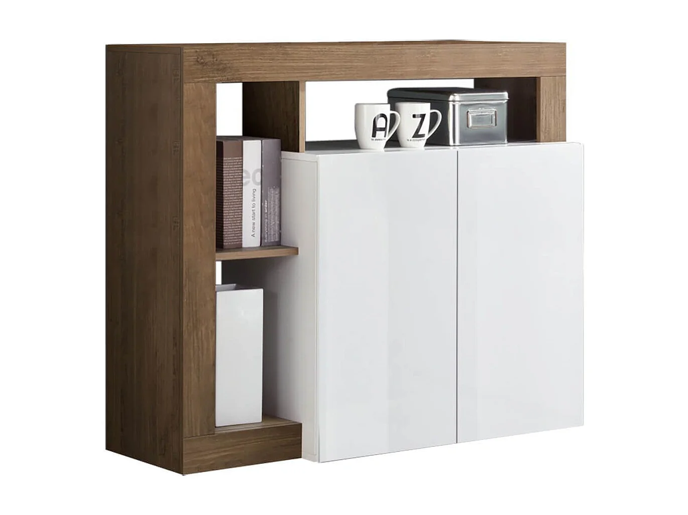 ARTURO - Buffet 2 Portes Blanc Laqué Encadrement Niches Aspect Chêne Mercure