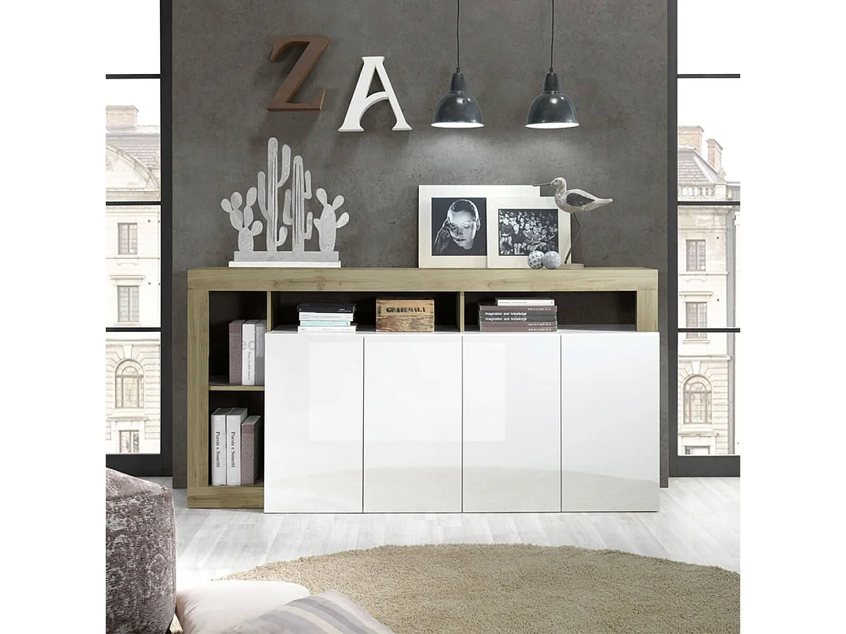 ARTURO - Buffet 4 Portes Blanc Laqué Encadrement Niches Aspect Bois Cadiz