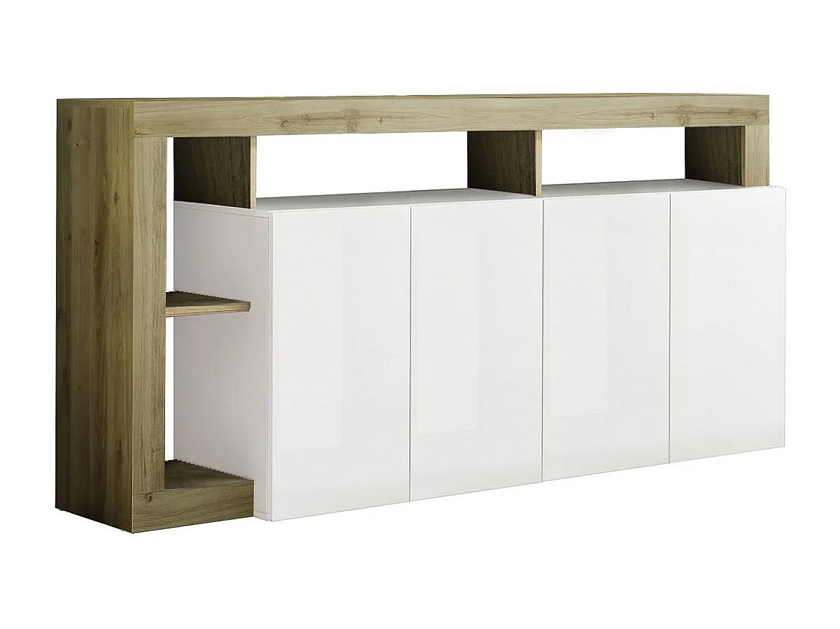 ARTURO - Buffet 4 Portes Blanc Laqué Encadrement Niches Aspect Bois Cadiz